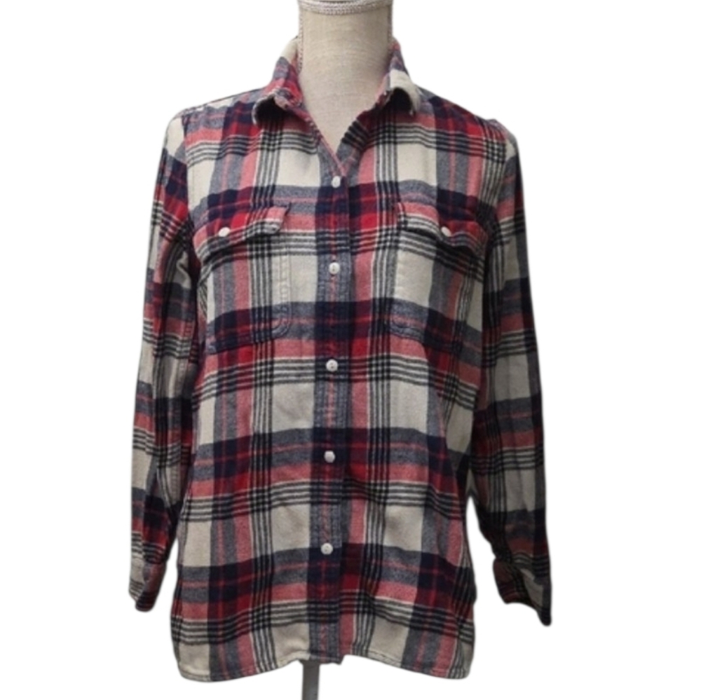 Mafewell Classic Plaid Button-Up Flannel Shirt - Red, Navy & Cream